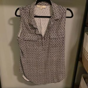 LOFT size L collar split neck black print blouse
